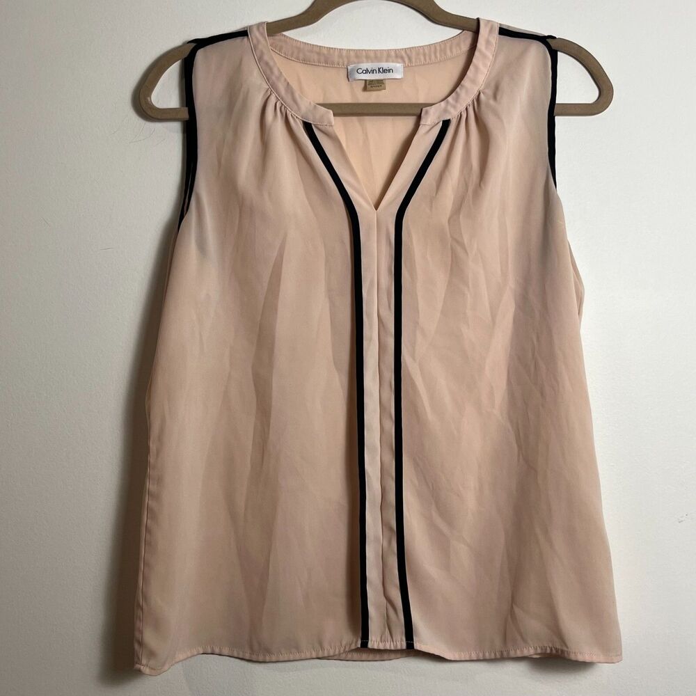 Calvin Klein Women Pink Sleeveless Split V-Neck Blouse Black Contrast Trim Small